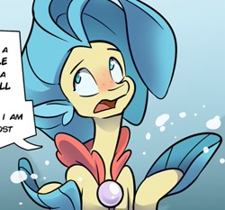 Size: 715x667 | Tagged: safe, artist:kez, edit, princess skystar, seapony (g4), comic:sea shells, g4, my little pony: the movie, bubble, comic, crepuscular rays, cropped, explicit source, female, fins, flowing mane, freckles, jewelry, lost, necklace, ocean, open mouth, pearl necklace, solo, sunlight, swimming, underwater, water