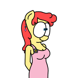 Size: 3023x3351 | Tagged: safe, artist:professorventurer, oc, oc:power star, pony, anthro, anthro oc, big breasts, breasts, busty oc, cleavage, clothes, dress, ear piercing, earring, hands behind back, high res, jewelry, piercing, rule 85, simple background, super mario 64, white background