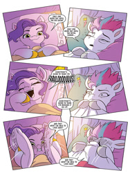 Size: 768x1024 | Tagged: safe, idw, official comic, pipp petals, zipp storm, pegasus, pony, g5, official, spoiler:comic, spoiler:g5, spoiler:g5comic, spoiler:g5comic16, adorapipp, bed hair, bedroom ponies, comic, cute, duo, duo female, female, mare, mood contrast, pillow, royal sisters (g5), siblings, sisters, squishy cheeks