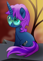 Size: 4500x6349 | Tagged: safe, artist:lincolnbrewsterfan, oc, oc only, oc:train station, pony, unicorn, my little pony: the movie, rainbow roadtrip, .svg available, artwork, butt, cliff, cloud, cute, cyan eyes, female, forelock, gift art, glasses, highlights, horn, inkscape, long horn, looking at something, looking forward, mare, minimalist, mist, movie accurate, nc-tv signature, ocbetes, outdoors, plot, ponysona, present, profile picture, purple hair, purple mane, purple tail, rear view, rock, shading, signature, sitting, solo, sunset, svg, tail, tail wrap, teal eyes, three quarter view, train, tree, turned head, turquoise eyes, two toned tail, unicorn oc, vector, website, welcome