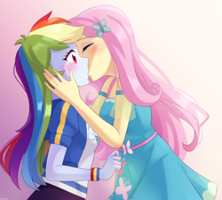Size: 900x810 | Tagged: safe, artist:riouku, fluttershy, rainbow dash, human, equestria girls, equestria girls series, g4, blushing, breasts, clothes, dress, duo, duo female, eyebrows, eyebrows visible through hair, eyes closed, eyeshadow, female, fluttershy boho dress, gradient background, hair, hairclip, hoodie, kiss on the lips, kissing, leggings, lesbian, makeup, pink background, ship:flutterdash, shipping, sweater, teenager, top, wide eyes, wristband