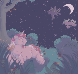 Size: 1280x1207 | Tagged: safe, artist:poniesart, galaxy (g1), pegasus, pony, unicorn, g1, crescent moon, flying, lying down, moon, night, night sky, sky, trio, unknown pony