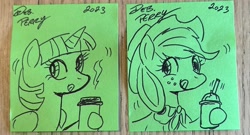 Size: 2387x1292 | Tagged: safe, artist:debmervin, applejack, twilight sparkle, alicorn, pony, g4, sticky note, tongue out, traditional art, twilight sparkle (alicorn)