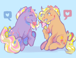 Size: 2048x1553 | Tagged: safe, artist:poniesart, butterscotch (g1), triple treat, earth pony, pony, g1, blue background, candy, duo, food, heart, ice cream, lollipop, simple background