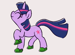 Size: 763x561 | Tagged: safe, artist:algoatall, twilight sparkle, pony, unicorn, g4, crocs, cute, eyes closed, female, mare, nose in the air, simple background, solo, twiabetes, twilight crockle, unicorn twilight, white background
