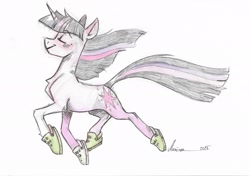 Size: 2448x1728 | Tagged: safe, artist:maxiima, twilight sparkle, pony, unicorn, g4, chest fluff, crocs, eyes closed, female, mare, prancing, simple background, smiling, solo, tail, twilight crockle, unicorn twilight, white background, windswept mane, windswept tail