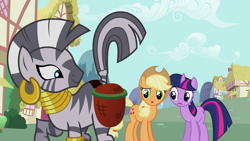 Size: 1920x1080 | Tagged: safe, screencap, applejack, twilight sparkle, zecora, earth pony, pony, unicorn, zebra, g4, season 2, the cutie pox, applejack's hat, bag, cowboy hat, ear piercing, earring, female, hat, house, jewelry, mare, not what it looks like, out of context, piercing, ponyville, raised tail, saddle bag, tail, trio, unicorn twilight