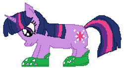 Size: 975x535 | Tagged: safe, artist:saturnpone, twilight sparkle, pony, unicorn, g4, crocs, looking down, pixel art, simple background, solo, twilight crockle, unicorn twilight, white background