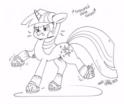 Size: 2539x2129 | Tagged: safe, artist:therealakineko, twilight sparkle, pony, unicorn, g4, clothes, crocs, descriptive noise, female, floppy ears, frown, grayscale, high res, mare, monochrome, simple background, socks, solo, standing on two hooves, traditional art, twilight crockle, unicorn twilight, white background