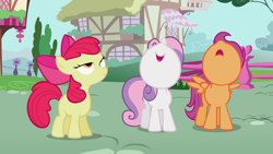 Size: 1920x1080 | Tagged: safe, screencap, apple bloom, scootaloo, sweetie belle, earth pony, pegasus, pony, unicorn, g4, season 2, the cutie pox, apple bloom's bow, blank flank, bow, bush, cutie mark crusaders, female, filly, foal, hair bow, half-closed eyes, house, lidded eyes, looking up, nose in the air, ponyville, tree, trio