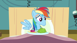 Size: 1920x1080 | Tagged: safe, screencap, rainbow dash, pegasus, pony, g4, read it and weep, season 2, bandage, bed, blanket, broken wing, clothes, faic, female, food, hospital, hospital bed, hospital gown, hospital room, jello, mare, plate, ponyville hospital, rainbow dash is best facemaker, solo, why the long face, wings