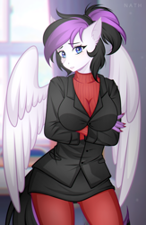 Size: 1801x2759 | Tagged: safe, artist:nath, oc, oc:cuteholly, pegasus, anthro, big breasts, breasts, crossed arms, female, helltaker, ponytail, solo, wings