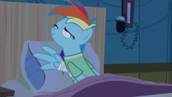 Size: 1920x1080 | Tagged: safe, screencap, rainbow dash, pegasus, pony, g4, read it and weep, season 2, bed, clothes, female, hospital, hospital bed, hospital gown, hospital room, lidded eyes, mare, not what it looks like, out of context, ponyville hospital, solo