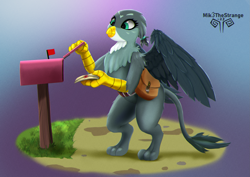 Size: 2047x1447 | Tagged: safe, artist:mik3thestrange, gabby, griffon, g4, bag, beak, eyelashes, feathered wings, female, hair tie, leonine tail, letter, mail, mailbag, mailbox, majestic, solo, spread wings, standing, tail, wings