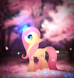 Size: 3928x4096 | Tagged: safe, artist:jaanhavi, fluttershy, butterfly, pegasus, pony, g4, absurd resolution, female, flower petals, forest, long tail, looking up, mare, solo, tail