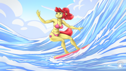 Size: 2560x1440 | Tagged: safe, artist:mysticalpha, apple bloom, earth pony, anthro, unguligrade anthro, g4, bikini, breasts, busty apple bloom, clothes, female, ocean, older, older apple bloom, outdoors, pink bikini, pink swimsuit, solo, surfboard, surfing, swimsuit, water, wave
