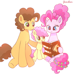 Size: 2439x2423 | Tagged: safe, artist:jaanhavi, cheese sandwich, li'l cheese, pinkie pie, earth pony, pony, g4, book, family, father and child, father and son, female, high res, hoof hold, male, mare, mother and child, mother and son, older, older pinkie pie, ship:cheesepie, shipping, signature, simple background, sitting, stallion, straight, trio, white background