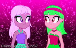 Size: 1915x1220 | Tagged: safe, artist:rainbowstarcolour262, oc, oc only, oc:zina pearl, human, equestria girls, g4, bare shoulders, clothes, dress, duo, duo female, ear piercing, earring, eyeshadow, female, gradient background, headband, jewelry, makeup, necklace, pearl necklace, piercing, purple eyes, red eyes, signature, sleeveless, sleeveless dress, strapless, strapless dress