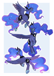 Size: 1500x2100 | Tagged: safe, artist:hosikawa, princess luna, alicorn, pony, g4, concave belly, cute, ethereal mane, ethereal tail, female, flying, jewelry, long mane, long tail, looking at you, lunabetes, mare, regalia, simple background, smiling, smiling at you, solo, spread wings, tail, wings