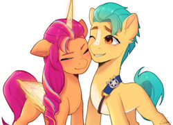 Size: 1620x1166 | Tagged: safe, artist:xiaowu07, hitch trailblazer, sunny starscout, alicorn, earth pony, pony, g5, alicornified, cute, duo, duo male and female, female, hitchbetes, male, mare, race swap, ship:starblazer, shipping, signature, simple background, smiling, stallion, straight, sunnybetes, sunnycorn, white background