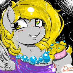 Size: 512x512 | Tagged: safe, artist:thelunarmoon, derpy hooves, pegasus, pony, g4, blushing, female, food, grin, jewelry, mare, muffin, necklace, smiling, solo