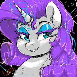 Size: 512x512 | Tagged: safe, artist:seabornerodent, artist:thelunarmoon, rarity, pony, unicorn, g4, black background, bust, collaboration, female, glowing, glowing horn, grin, horn, mare, seductive look, signature, simple background, smiling, solo