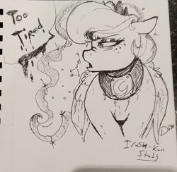 Size: 1541x1507 | Tagged: safe, artist:thelunarmoon, princess luna, alicorn, pony, a royal problem, g4, bags under eyes, constellation, female, freckles, grayscale, mare, monochrome, nose wrinkle, signature, solo, style emulation, tired, traditional art, turned head