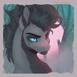 Size: 3000x3000 | Tagged: safe, artist:nettlemoth, oc, oc only, earth pony, pony, bust, commission, ear fluff, facial scar, high res, male, one eye closed, scar, slit pupils, solo, stallion