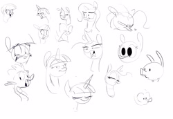 Size: 3852x2650 | Tagged: safe, artist:winpuss, princess celestia, rarity, spike, twilight sparkle, alicorn, dragon, pony, unicorn, g4, black and white, bust, expressions, female, grayscale, high res, male, mare, monochrome, simple background, sketch, sketch dump, white background