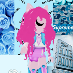 Size: 1280x1280 | Tagged: safe, pinkie pie, earth pony, anthro, equestria girls, g4, balloon, belt, blue background, boots, bow, bracelet, camouflage, chanel, clothes, complex background, curly hair, cutie mark on clothes, female, finger, fingers, flower, hand, heart, irl, jacket, jewelry, laughing, long hair, open mouth, photo, pills, pony ears, roblox, rose, shirt, shoes, short sleeves, sign, simple background, skirt, smiling, solo, standing, supreme, text, the blue room, walking