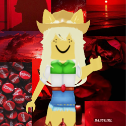 Size: 1280x1280 | Tagged: safe, applejack, human, equestria girls, g4, apple, beach, belt, boots, bottlecap, closed mouth, clothes, cloud, coca-cola, complex background, cowboy boots, cowboy hat, denim, denim skirt, female, flower, food, freckles, hand, hat, irl, lips, long hair, mouth, nails, ocean, photo, pointing, pointing at you, pony ears, red background, roblox, rolled up sleeves, rose, shirt, shoes, short sleeves, simple background, skirt, sky, smiling, solo, standing, straight hair, sun, teeth, text, tongue out, water