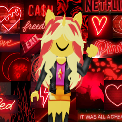 Size: 1280x1280 | Tagged: safe, sunset shimmer, anthro, equestria girls, g4, boots, closed mouth, clothes, complex background, concert, crowd, dollar sign, exit, exit sign, female, fire, flower, glowing, heart, horn, irl, jacket, leather, leather jacket, lightning, long hair, long sleeves, moon, multicolored hair, netflix, people, petals, photo, pinterest, pony ears, raised arm, red background, roblox, rose, shirt, shoes, simple background, skirt, smiling, solo, standing, stars, striped clothes, striped skirt, sun, text, waving, wavy hair