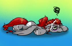 Size: 4096x2662 | Tagged: safe, artist:opalacorn, oc, oc only, oc:void, pony, bags under eyes, female, frown, gradient background, laurel wreath, lying down, male, mare, messy mane, nose piercing, nose ring, pictogram, piercing, prone, solo, sploot