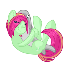 Size: 1300x1300 | Tagged: safe, artist:lindasaurie, derpibooru exclusive, oc, oc only, oc:strawi dinosaur, earth pony, pony, colored lineart, earth pony oc, eye clipping through hair, eyebrows, eyebrows visible through hair, eyes closed, female, hug, mare, outline, plushie, shark plushie, simple background, smiling, solo, transparent background, white outline