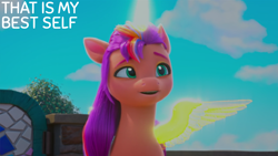 Size: 2000x1125 | Tagged: safe, edit, edited screencap, editor:quoterific, screencap, sunny starscout, alicorn, pony, ali-conned, g5, my little pony: make your mark, my little pony: make your mark chapter 2, spoiler:g5, spoiler:my little pony: make your mark, spoiler:my little pony: make your mark chapter 2, spoiler:mymc02e04, artificial alicorn, artificial horn, artificial wings, augmented, dialogue, female, mane stripe sunny, mare, race swap, solo, sunnycorn, wings