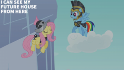 Size: 2000x1125 | Tagged: safe, edit, edited screencap, editor:quoterific, screencap, commander hurricane, fluttershy, private pansy, rainbow dash, pegasus, pony, g4, hearth's warming eve (episode), armor, cloud, on a cloud, standing on a cloud