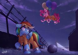 Size: 2867x2036 | Tagged: safe, artist:rivin177, pinkie pie, rainbow dash, earth pony, pegasus, pony, g4, ball and chain, balloon, bound wings, chains, clothes, commission, cuffs, escape, female, fence, floating, grass, high res, jumpsuit, lesbian, never doubt rainbowdash69's involvement, night, prison, prison outfit, prisoner, ship:pinkiedash, shipping, shocked, shocked expression, silly, sweat, then watch her balloons lift her up to the sky, wings
