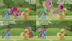 Size: 2000x1125 | Tagged: safe, edit, edited screencap, editor:quoterific, screencap, applejack, crimson heart, fluttershy, pinkie pie, rainbow dash, buckball season, g4, apple, apple tree, buckball field, tree