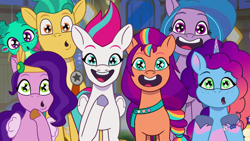 Size: 1920x1080 | Tagged: safe, screencap, hitch trailblazer, izzy moonbow, misty brightdawn, pipp petals, sparky sparkeroni, sunny starscout, zipp storm, dragon, earth pony, pegasus, pony, unicorn, g5, moon festival, my little pony: tell your tale, spoiler:g5, spoiler:my little pony: tell your tale, female, male, mane five, mane seven (g5), mane six (g5), mare, open mouth, rebirth misty, stallion, starry eyes