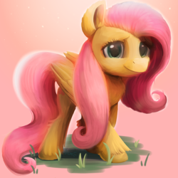 Size: 1080x1080 | Tagged: safe, artist:candy meow, fluttershy, pegasus, pony, g4, cheek fluff, chest fluff, ear fluff, female, grass, leg fluff, looking at you, mare, signature, smiling, smiling at you, solo, unshorn fetlocks