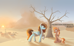 Size: 6940x4300 | Tagged: safe, artist:renderpoint, oc, oc only, oc:rosa copperhead, oc:sorren, bat pony, pegasus, pony, bat pony oc, concave belly, countershading, dead tree, duo, height difference, male, outdoors, pegasus oc, sitting, stallion, tree