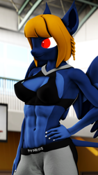 Size: 2160x3840 | Tagged: safe, artist:theebicduck, oc, oc only, oc:pietas lazuli, sphinx, anthro, art pack:feel the burn 2, 3d, abs, anthro oc, belly button, bra, breasts, clothes, female, folded wings, gym, gym uniform, hand on hip, high res, looking forward, muscles, muscular female, solo, source filmmaker, sphinx oc, standing, underwear, wings