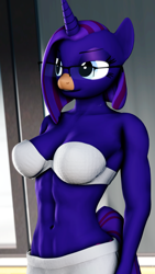 Size: 2160x3840 | Tagged: safe, artist:theebicduck, oc, oc only, oc:empathy, unicorn, anthro, art pack:feel the burn 2, 3d, abs, anthro oc, belly button, bra, clothes, female, glasses, gym uniform, high res, horn, looking forward, muscles, smiling, smirk, solo, source filmmaker, underwear, unicorn oc