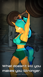Size: 2160x3840 | Tagged: safe, artist:silkworm205, oc, oc only, oc:flight check, unicorn, anthro, art pack:feel the burn 2, 3d, 4k, abs, barbell, blind eye, breasts, clothes, eye scar, facial scar, female, fluffy hair, fluffy mane, fluffy tail, fur, high res, horn, mare, motivational poster, muscles, muscular female, nexgen, scar, shorts, solo, source filmmaker, sports bra, sports shorts, tail, text, unicorn oc, weight lifting, weights