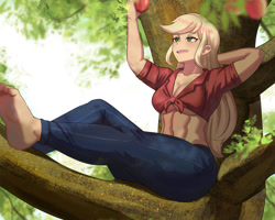Size: 800x641 | Tagged: safe, artist:tzc, applejack, human, g4, abs, applebetes, barefoot, belly button, breasts, busty applejack, cleavage, clothes, cute, daylight, denim, feet, female, humanized, jeans, lying down, midriff, outdoors, pants, soles, solo, toes, tree, tree branch, underboob
