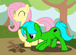 Size: 3780x2730 | Tagged: safe, artist:heir_of_the_shadow, fluttershy, oc, oc:green byte, pegasus, pony, rabbit, unicorn, g4, animal, commission, female, high res, male, mare, stallion, ych result