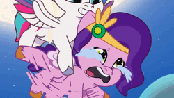 Size: 800x450 | Tagged: safe, screencap, pipp petals, zipp storm, pegasus, pony, g5, moon festival, my little pony: tell your tale, spoiler:g5, spoiler:my little pony: tell your tale, spoiler:tyts01e59, adorable distress, adorapipp, adorazipp, animated, cloud, crying, cute, eyes closed, female, filly, filly pipp petals, filly zipp storm, floating, foal, full moon, gif, headband, hoofy-kicks, lantern, laughing, moon, royal sisters (g5), scared, siblings, sisters, smiling, stars, struggling, tears of fear, varying degrees of want, younger, zephyr heights