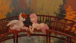 Size: 1024x578 | Tagged: safe, artist:hichieca, oc, oc only, pegasus, pony, unicorn, autumn, bridge, chest fluff, eyes closed, happy, looking at someone, lying down, outdoors, river, tree, water