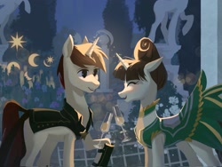 Size: 2048x1536 | Tagged: safe, artist:hichieca, oc, oc only, pony, unicorn, alcohol, blushing, canterlot, canterlot castle, cape, champagne, champagne glass, clothes, courtship, dress, duo, eyes closed, happy, looking at each other, looking at someone, magic, outdoors, raised leg, smiling, smiling at each other, statue, telekinesis, wine