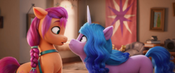 Size: 3840x1600 | Tagged: safe, screencap, izzy moonbow, sunny starscout, earth pony, pony, unicorn, g5, my little pony: a new generation, braid, cute, female, izzybetes, looking at each other, looking at someone, mare, personal space invasion, stare, staring contest, sunnybetes